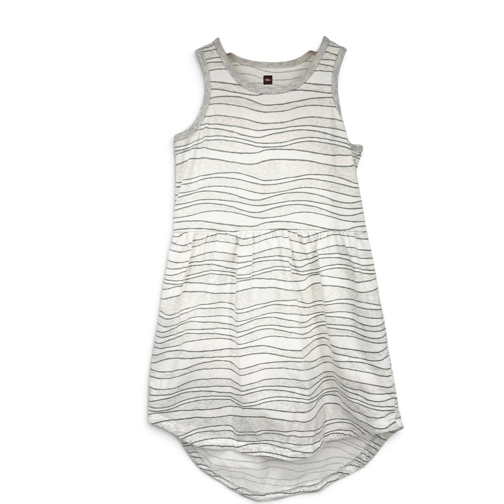 Tea Collection Girls Grey White Wavy Stripe Sleeveless Cotton Dress Size 7